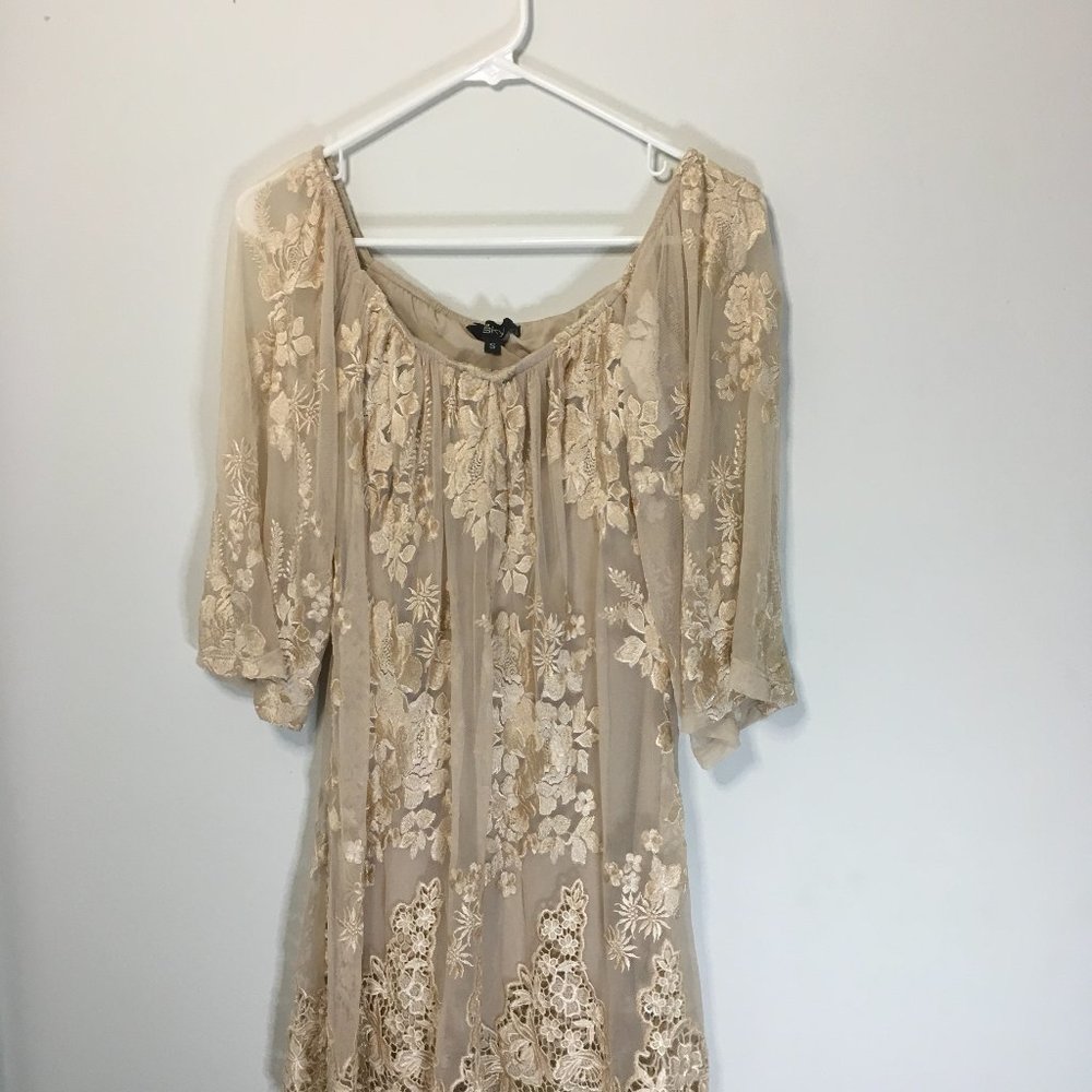 Sky 3/4-Sleeve off the shoulder lace Dress.